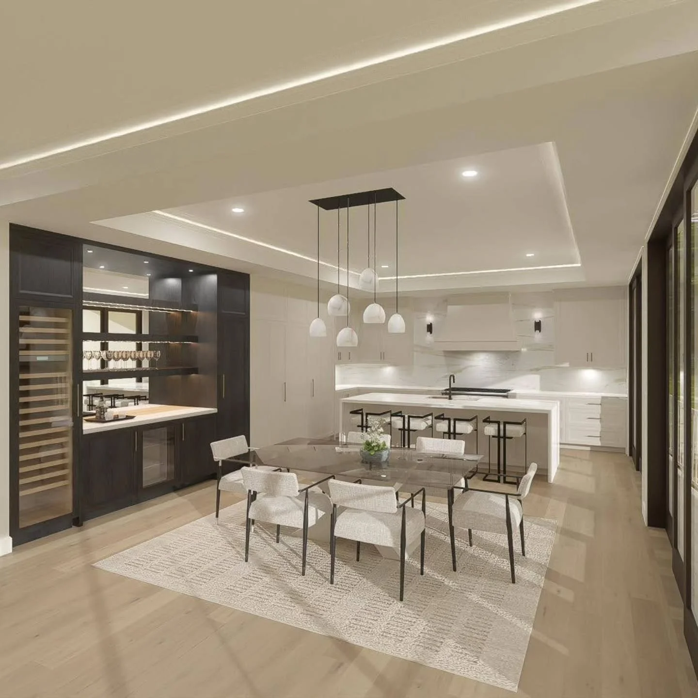 3D Modeled &amp; Rendered by Joselyn Rendon. Design Credit: Jillian Richey Design. | This rendering features a modern, sleek kitchen &amp; dining room designed by Jillian. An open, light-filled interior with clean lines, contrasting color cabinetry, 