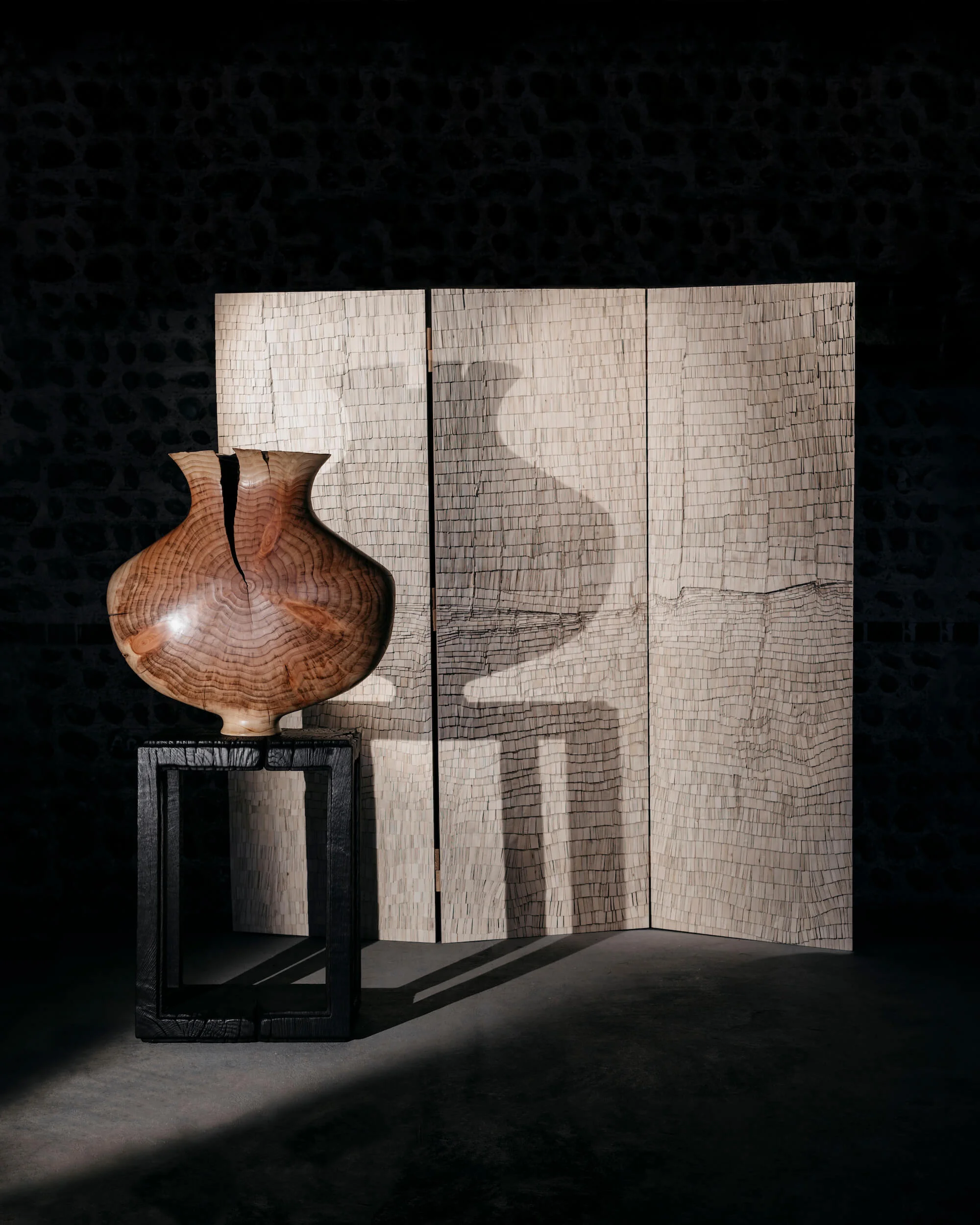 Wycliffe Stutchbury. Annie's Wood/Hundred Foot Drain, 2017. Common holly, European oak and bog oak, 186 x 190 x 2.5 cm and Nic Webb. Treen, 2017. Hand carved Redwood 70 x 67 x 23 cm. Photo Callum Richards