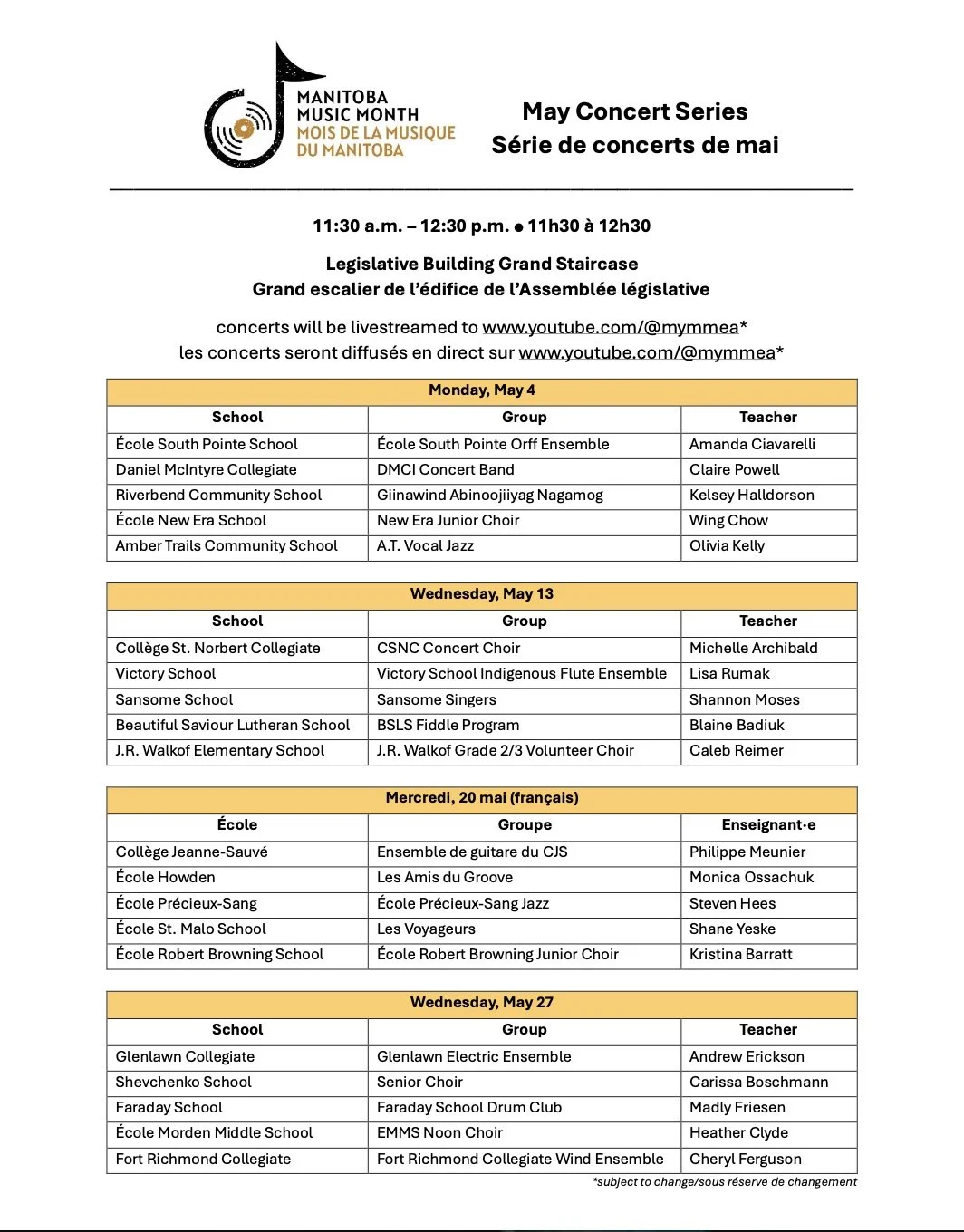Schedule for Manitoba Music Month May concert series with dates, schools, groups, and teachers, including livestream links.