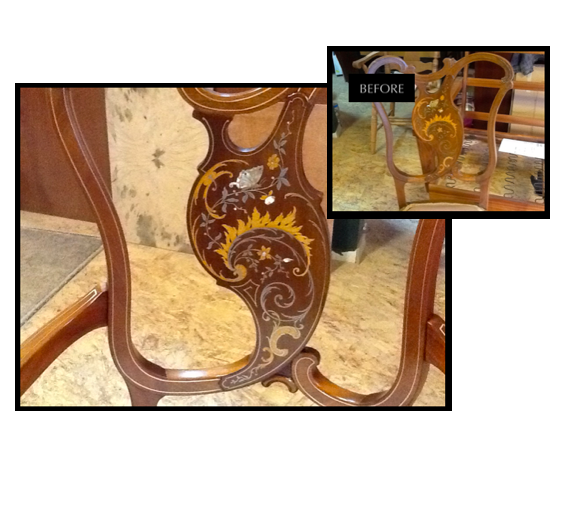 Frequently refinishing and restoration are combined. This chair with wood marquetry and multiple metal inlay in the design had damaged brass wire.