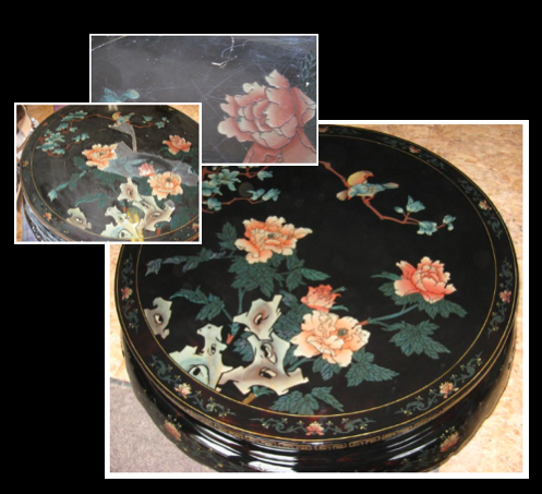 This Asian Lacquerware coffee table had deteriorated over time and the owner tried to revive it by applying a seal coat from the hardware store. The top picture shows the marring and cloudy finish. Due to the nature of the original finish and low relief surface, removing the damage took care (middle pic). Restoration brought back the beauty and depth of color.