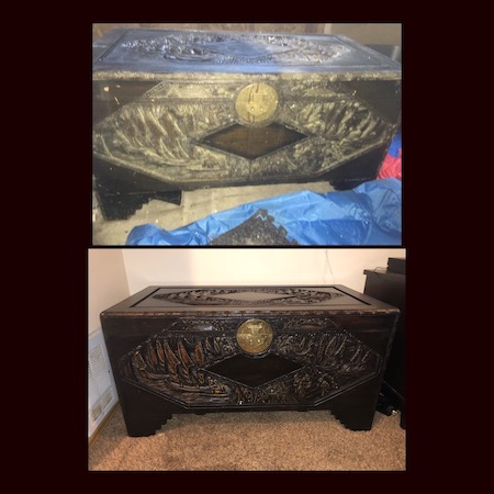 This camphor chest was a family heirloom that was subjected to water and steam when the water heater burst. The damage was extensive with warps, splits, mold and breaks but we were able to restore it. The owner is delighted and wrote a review for our testimonial page.
