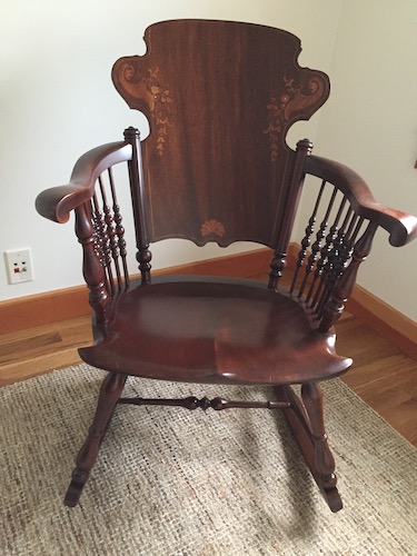 We don’t have a “before” image but this sweet antique rocker arrived with damage. The back is curved and was originally made with cross-banded layers by hand. Over the many decades the layers had begun to de-laminate and the flexing had popped some of the beautiful inlay. We made a curved support form and carefully re-glued the back and repaired the inlay before strengthening all connection points and restoring the finish.