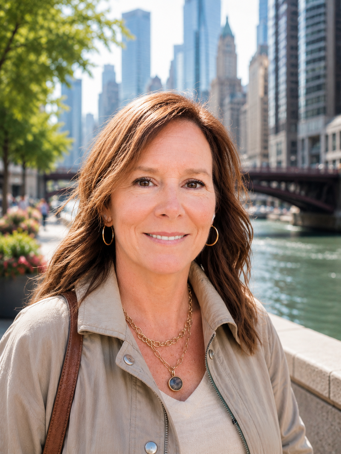 A woman with brown hair and hoop earrings standing near a river in an urban area with tall buildings and a bridge in the background.