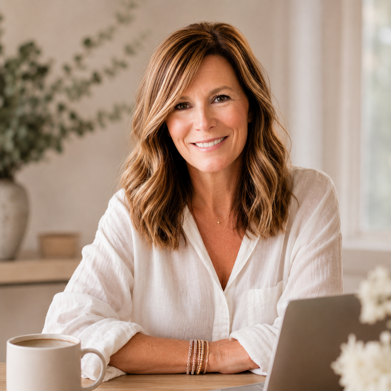 A woman with shoulder-length wavy brown hair, smiling at the camera, sitting at a table with a coffee mug in front of her, in a well-lit room with a neutral background.