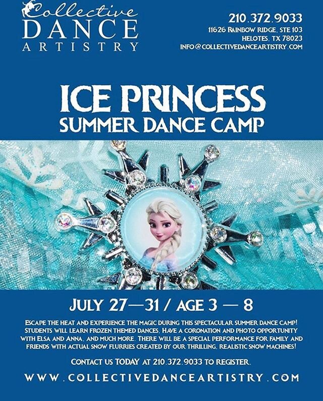 Two of our wonderful summer programs are coming up soon! For ages 5-8 we are offering an Ice Princess summer dance camp and a Pop Star dance camp. Contact us at the number listed to register before spots fill up #collectivedanceartistry #keepdancing 