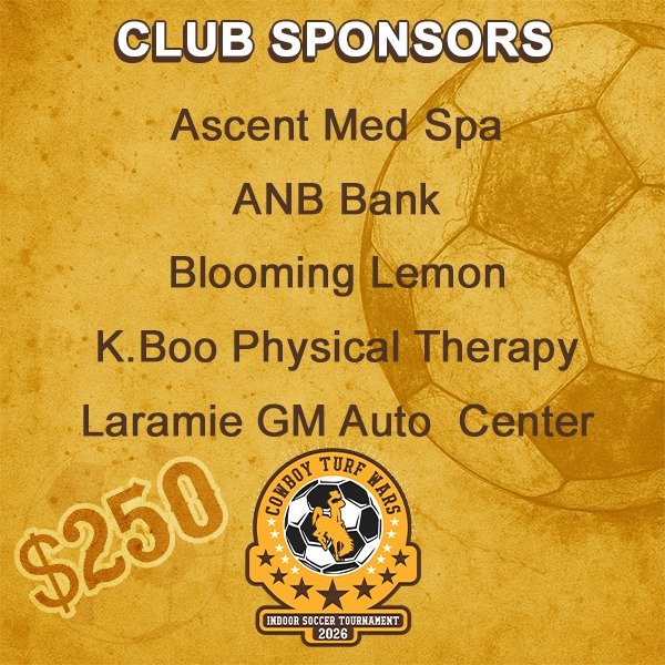 Thank you to our Club Sponsors:
Ascent Med Spa
ANB Bank
Blooming Lemon
K.Boo Physical Therapy &amp; Performance
Laramie GM Auto Center

#ClubSponsors #LaramieSoccerClub #CowboyTurfWars2026