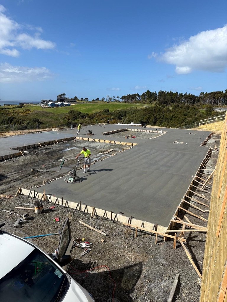 Concrete foundation slab under construction for a Maddren Homes home in Weiti Bay