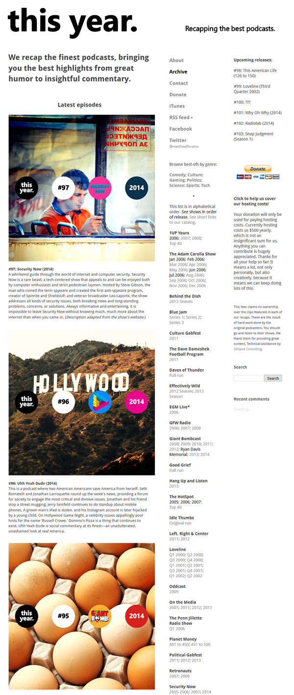 This Year's home page before I closed the site. This Year's domain (thisyearcollection.org) now redirects to this page.