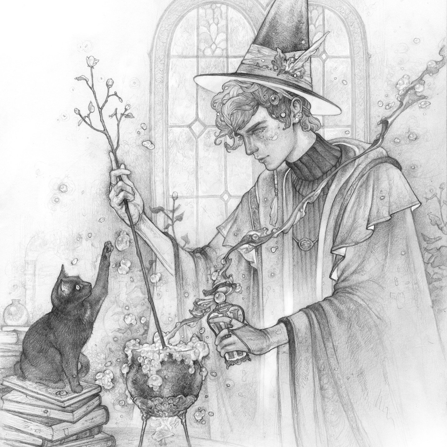&quot;Brewing Whimsy&quot; 🐈&zwj;⬛

The witch boy represents my realism/ethereal side of my style holding a bottle of bubbling &ldquo;Whimsy&rdquo; to see what he creates from it! Been exploring different executions over the weekend and I&rsquo;m ex