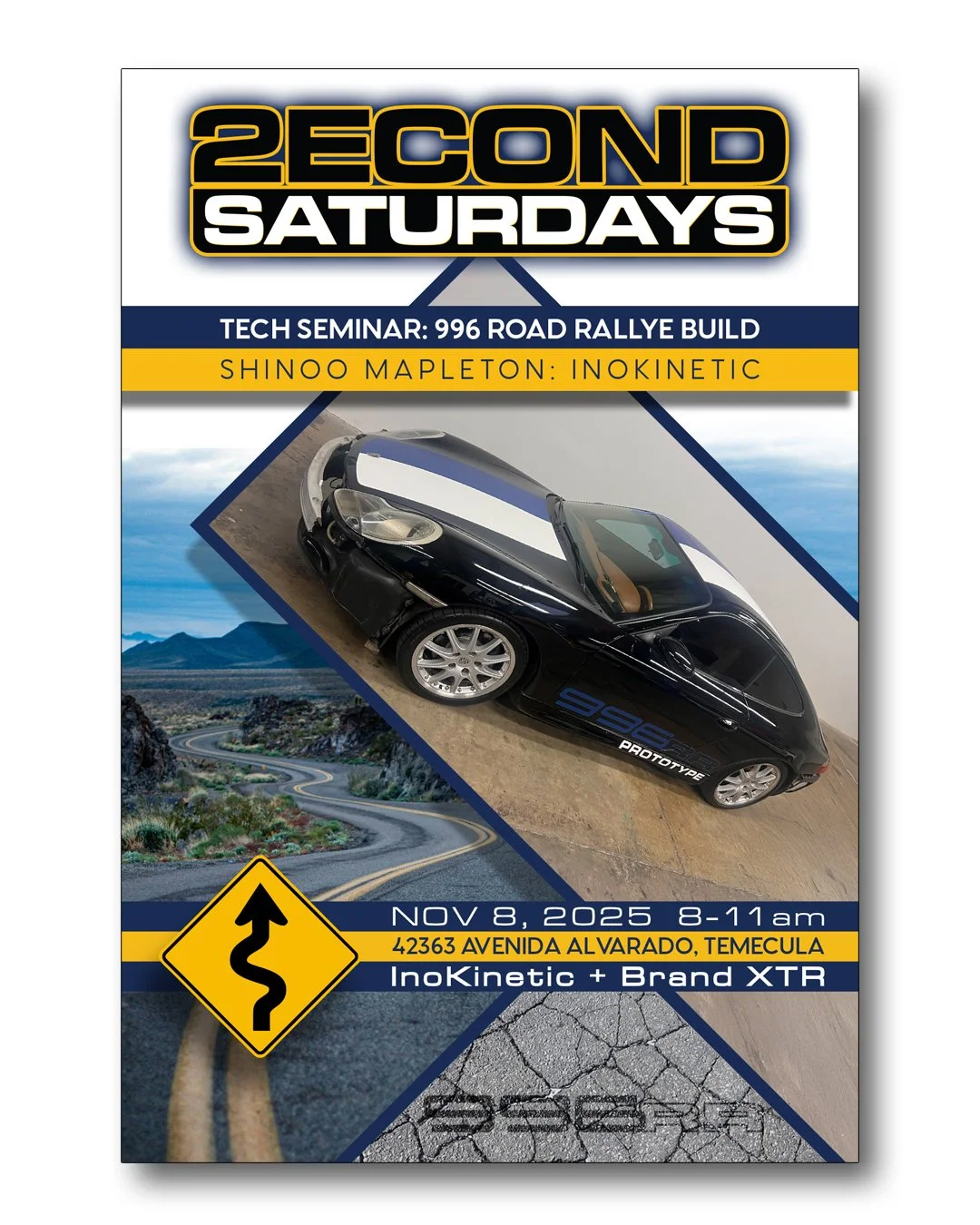 Come join us at our next Tech Seminar on Nov 8th. We'll have our #996RR build on display and partially disassembled for your review. We will discuss the parts and approach we are taking to tuning this Road Rallye build to work on the broken, rough ro