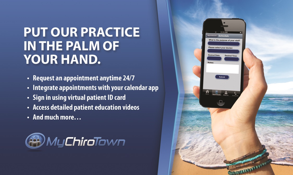 The MyChiroTown App is in you iPhone or Android store. Our office ID is LCC0016