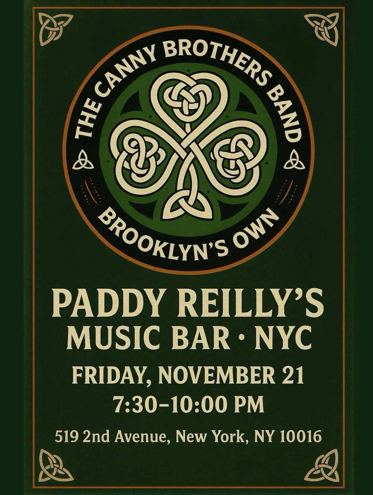 We&rsquo;ll be back at @paddyreillys this Friday starting at 7:30pm. #brooklynsown #cbb #celticrootsrock #celticfolk #goodcraic #livemusic #celticjam #nyc #paddyreillysmusicbar #2ndavenue #friday #november21 #goodtimes #seeyouthere #greenandredofmayo