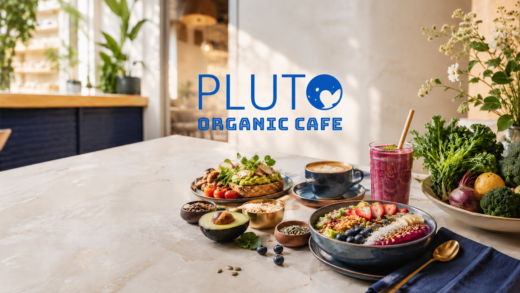 Healthy organic food, smoothie bowl, avocado toast, coffee, and fresh vegetables at Pluto Organic Cafe