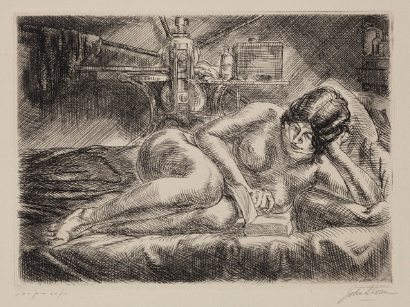 John Sloan (1871-1951), Nude Reading , 1928, etching, 5" x 7" (plate), Gift of Bernard F. Walker, Detroit Institute of Art