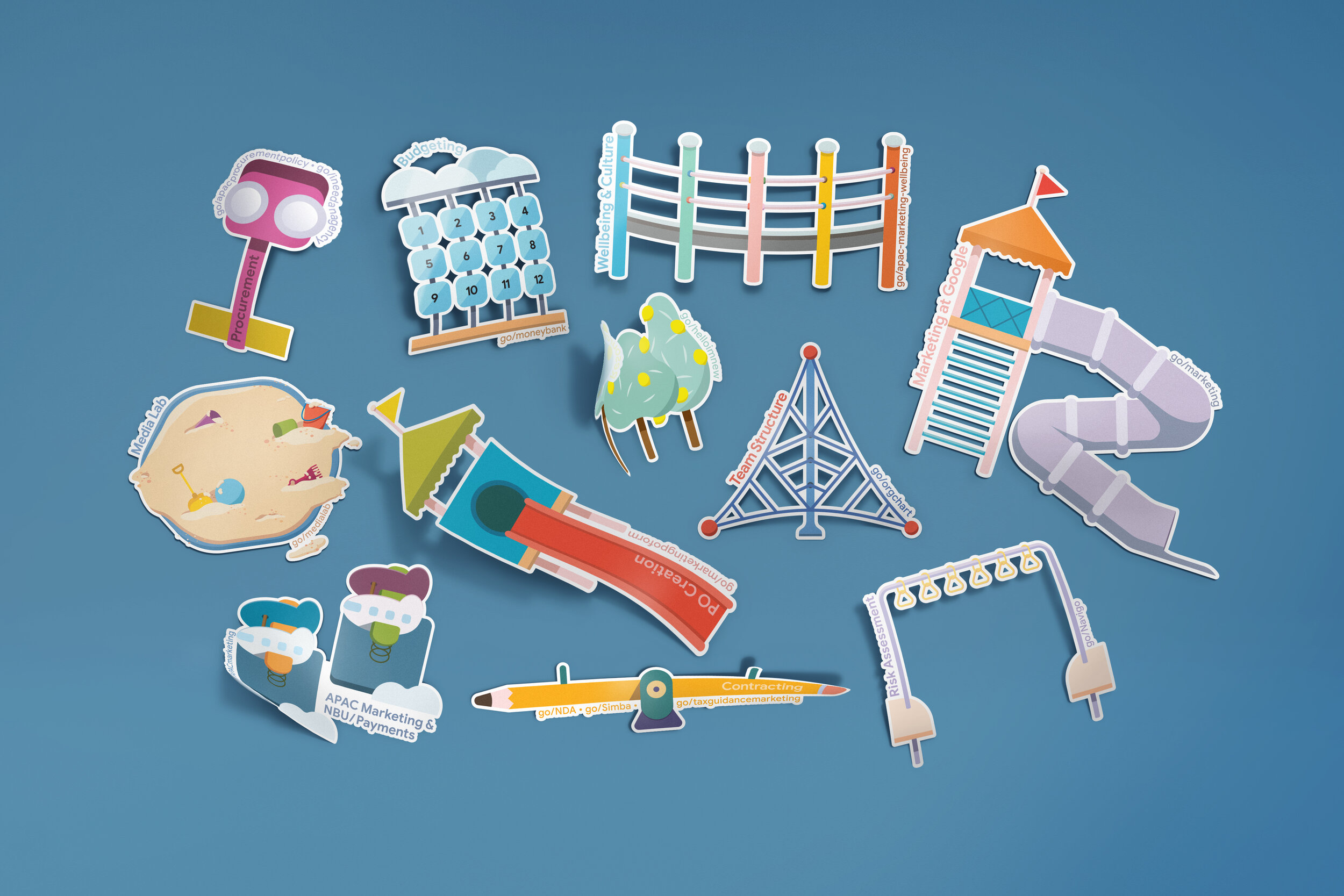 A set of decals from the puzzle were given as souvenirs for new employees.