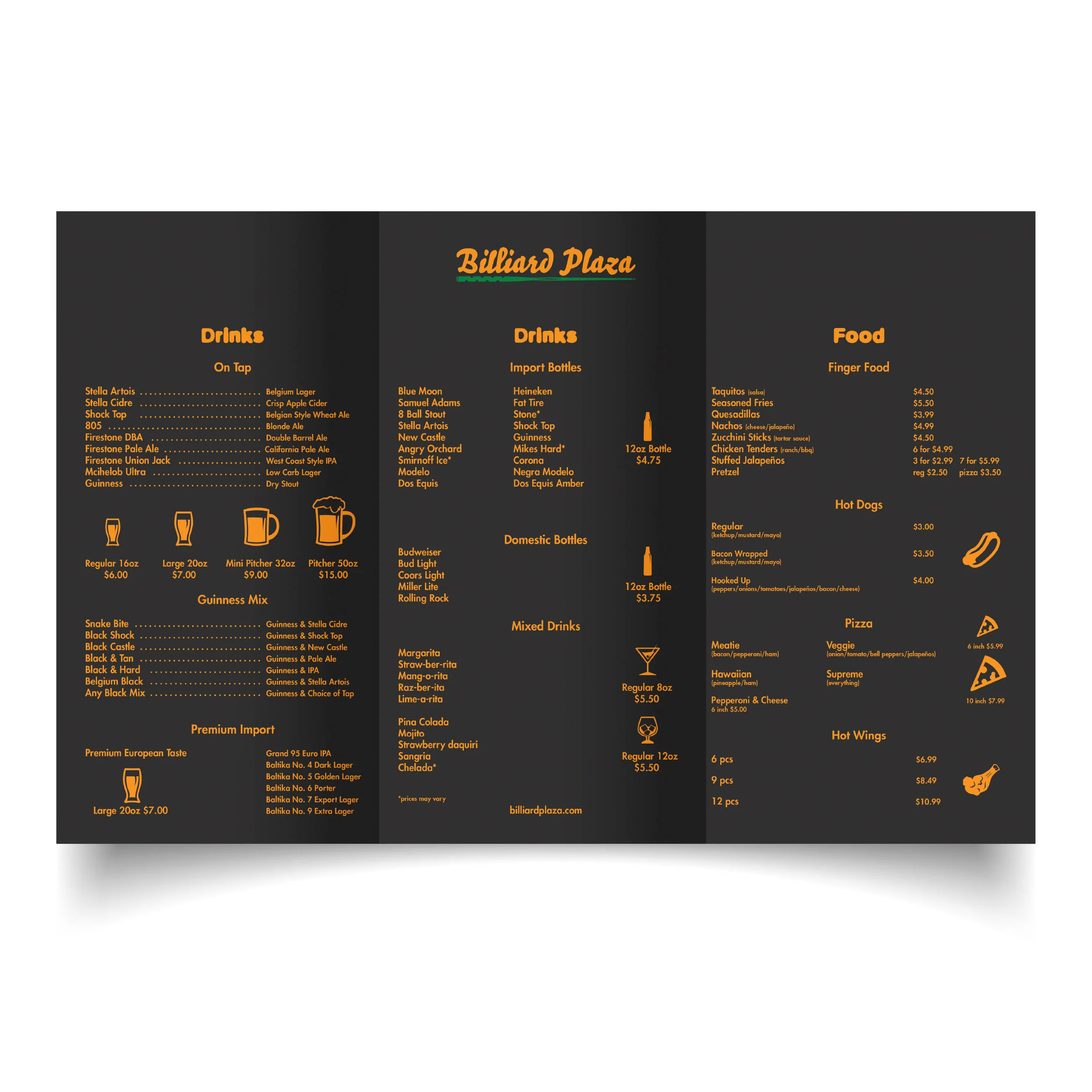 Billiards Plaza Menu Inside