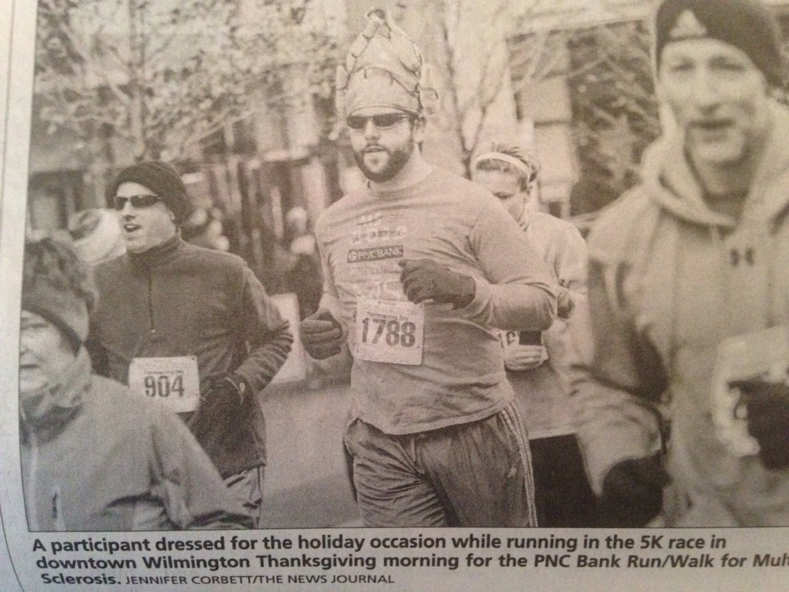 That's Scott on the left; I'm behind the man in the turkey hat (photo by the News Journal )