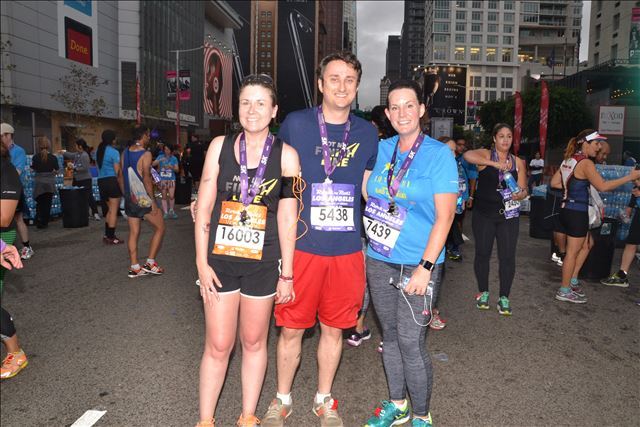 Kelly with Steven and me after crossing the finish line of the Rock 'n' Roll Los Angeles 5K in October 2016
