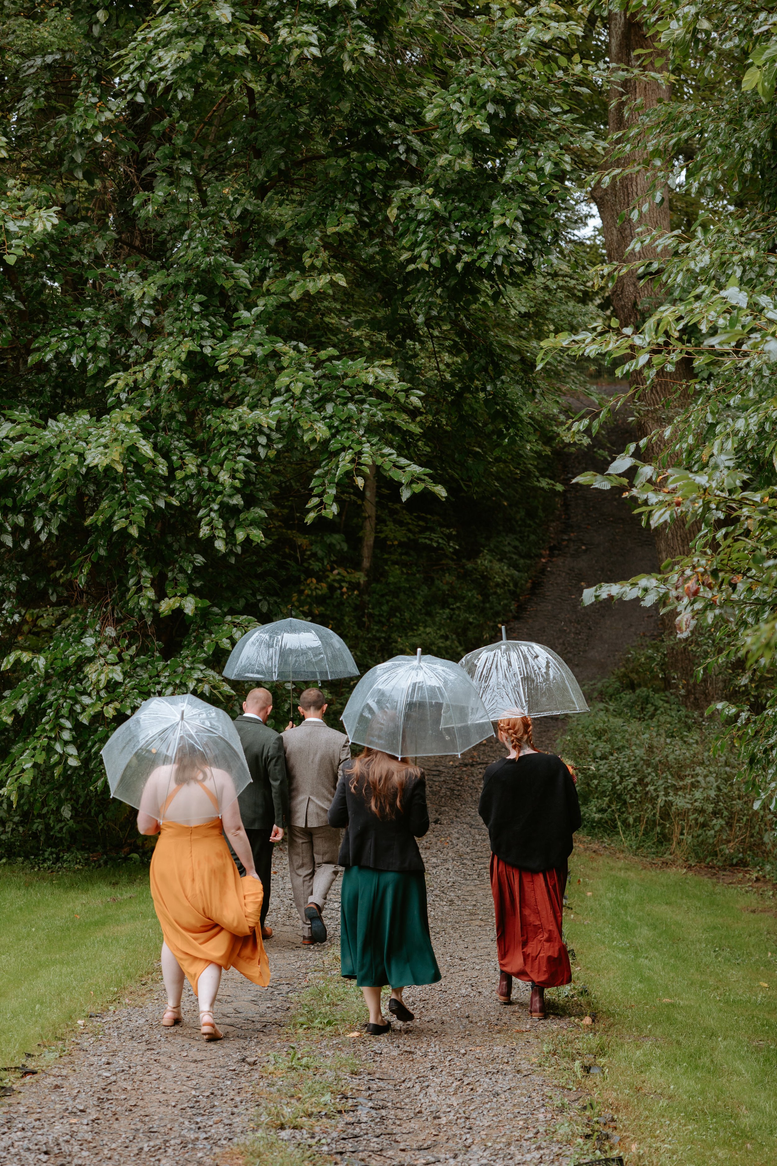 A group of people walking down a path with umbrellas.