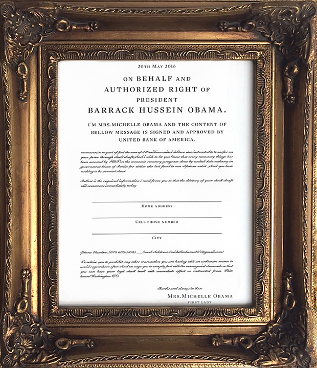 Letter from Michelle Obama237 Spam Email, Framed 31 x 36 cm 2016