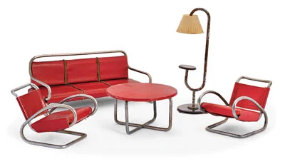 1930s Jindrich Halabala dolls house furniture in bent tubular steel with leatherette upholstery and wooden table top by UP Zavody Brno, Czechoslavakia (sold).