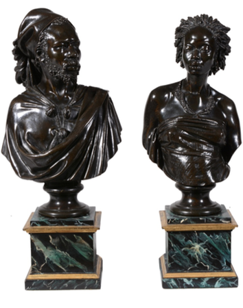 Lot 219, Charles Henri Joseph Cordier (French 1827-1905) Venus Africaine and Saïd Abdullah of the Mayac, Kingdom of Darfur (Sudan) patinated bronze, 42 and 41cm high, signed Cordier and Simonet Fils & Cie Vendeur à Paris to the reverse Est. £15,000-25,000