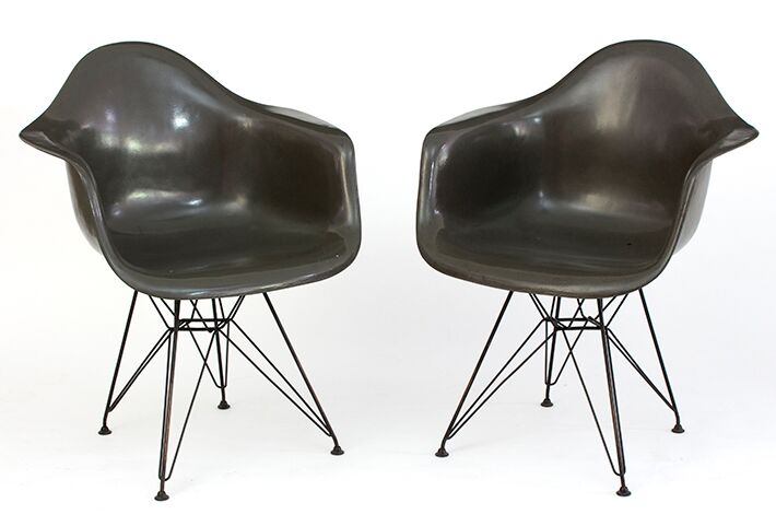 Charles and Ray Eames for Herman Miller two DAR chairs in grey, each with moulded seat on Eiffel Tower metal frame - est £300 - 500
