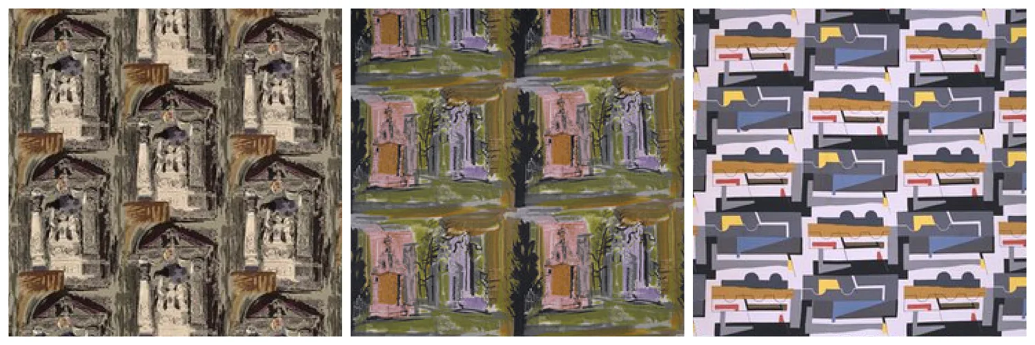 Left to Right - All designs by John Piper for David Whitehead - 'Tombs' 1956, 'Church Monument' 1954 and 'Abstract' 1955.