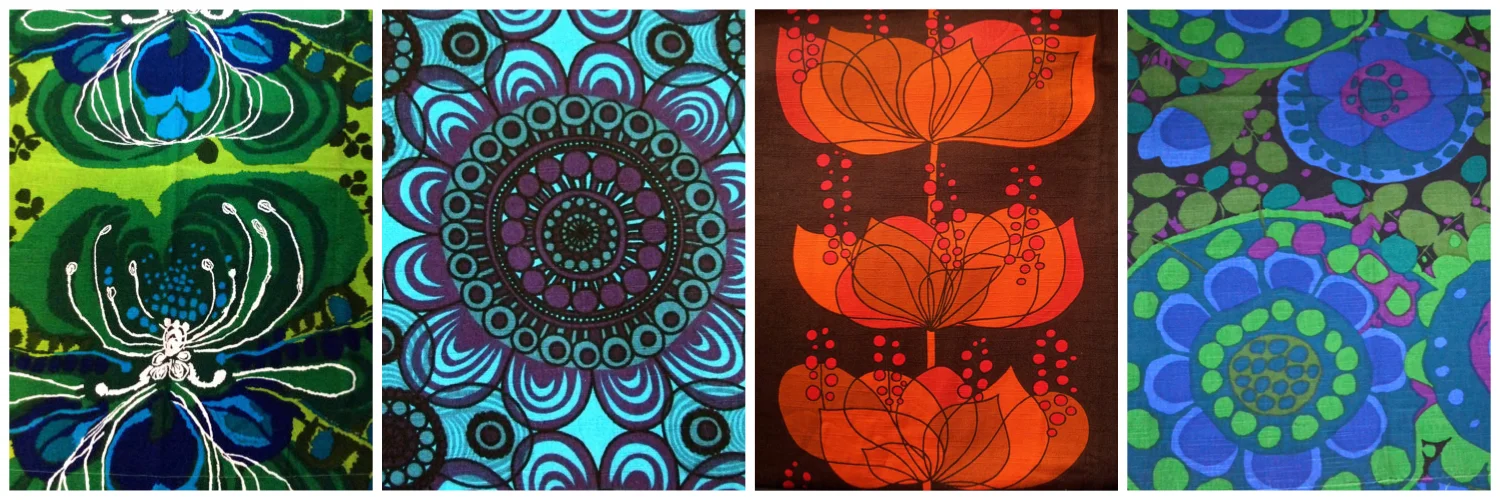 Beautiful bold 60s Borås fabrics from Sweden. Left to Right - 'Orchid' by Saini Salonen, 'Bacardi' designed by Greta Moller, 'Rio' designed by Helene Wedel, 'Vanja' designed by Saini Salonen
