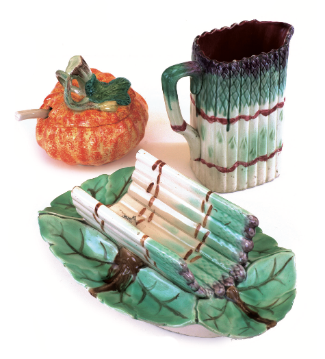 Majolica Ware for sale at the last Battersea Decorative Fair from regular exhibitors Millers Antiques: Asparagus jug by Onnaing c.1880 (£295); Pumpkin-shaped tureen or jam-pot c.1930 (£78); Asparagus cradle by Longchamp c.1880 (£365).
