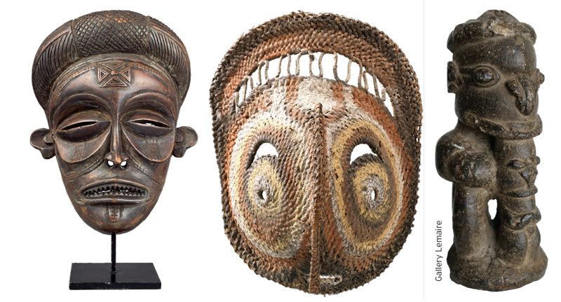 A wooden Chokwe mask (far left) from the Democratic Republic of Congo, 24cm high. This was for sale last September in the Woolley and Wallis Tribal Art & Antiquities sale, estimated at £200 – 300. An Abelan Yam mask from Papua, New Guinea (centre) and this 13th to 17th century Nomoli Stone gure from Sherbro, Sierra Leone (right) were both at the Tribal Art London fair in 2014. Priced £325 and £5,800 repectively