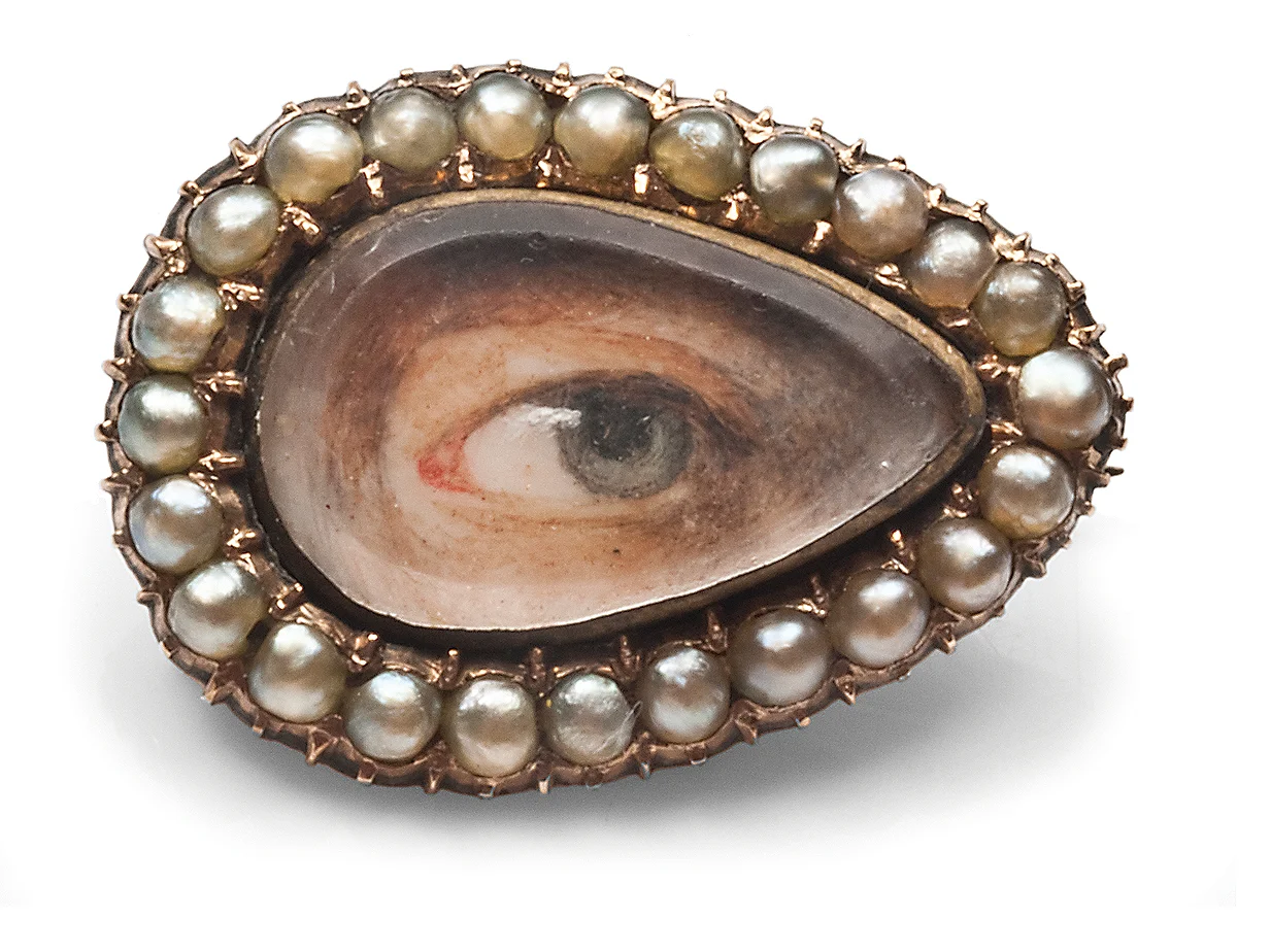 An eye portrait (c.1820) set with pearls, denoting tears