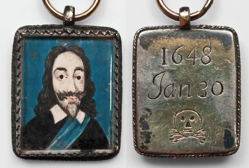 A Royalist silver pendant marks the execution of Charles I, the watercolour image on vellum echoing the King’s Garter sash with a background of celestial blue. The 1648 date is accurate – in the old calendar the new year did not start until March
