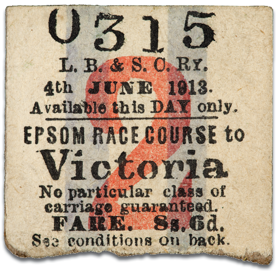 The return half of Emily Davison’s Derby Day ticket, found in her bag after her death! courtesy of The Women’s Library@LSE