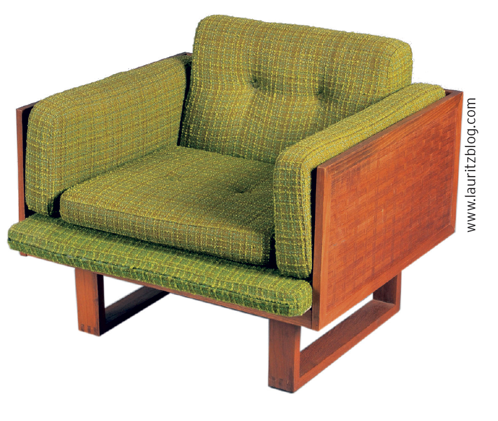 Armchair, model 211, made of braided rosewood with sled legs and green woollen loose cushions. Designed by Poul Cadovius for France & Søn