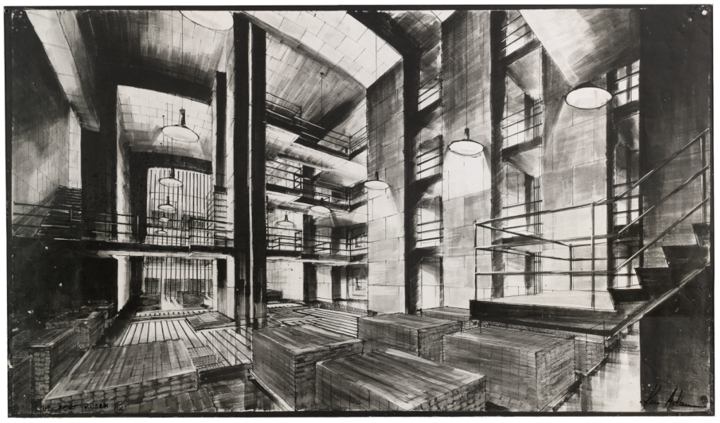 The believable, but completely imaginary final design for the interior of Fort Knox in Goldfinger. The set was so good that when the film came out, United Artists received 300 letters – mostly irate – asking how a British film unit was allowed to shoot in Fort Knox when even the American President is not allowed in! Ken took this as a great compliment