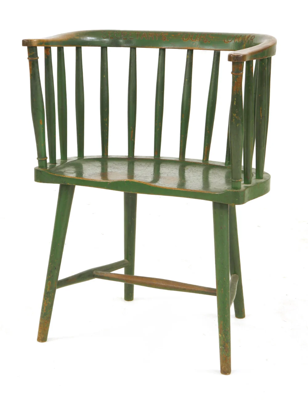 Charles Rennie Mackintosh (1868-1928), a green painted Windsor chair, designed for Miss Cranston's Dutch Kitchen, Argyle Tearooms, Glasgow, 1906, with a later inscribed top rail 'Secretary's OURS Chair'. Estimate: £5,000-7,000