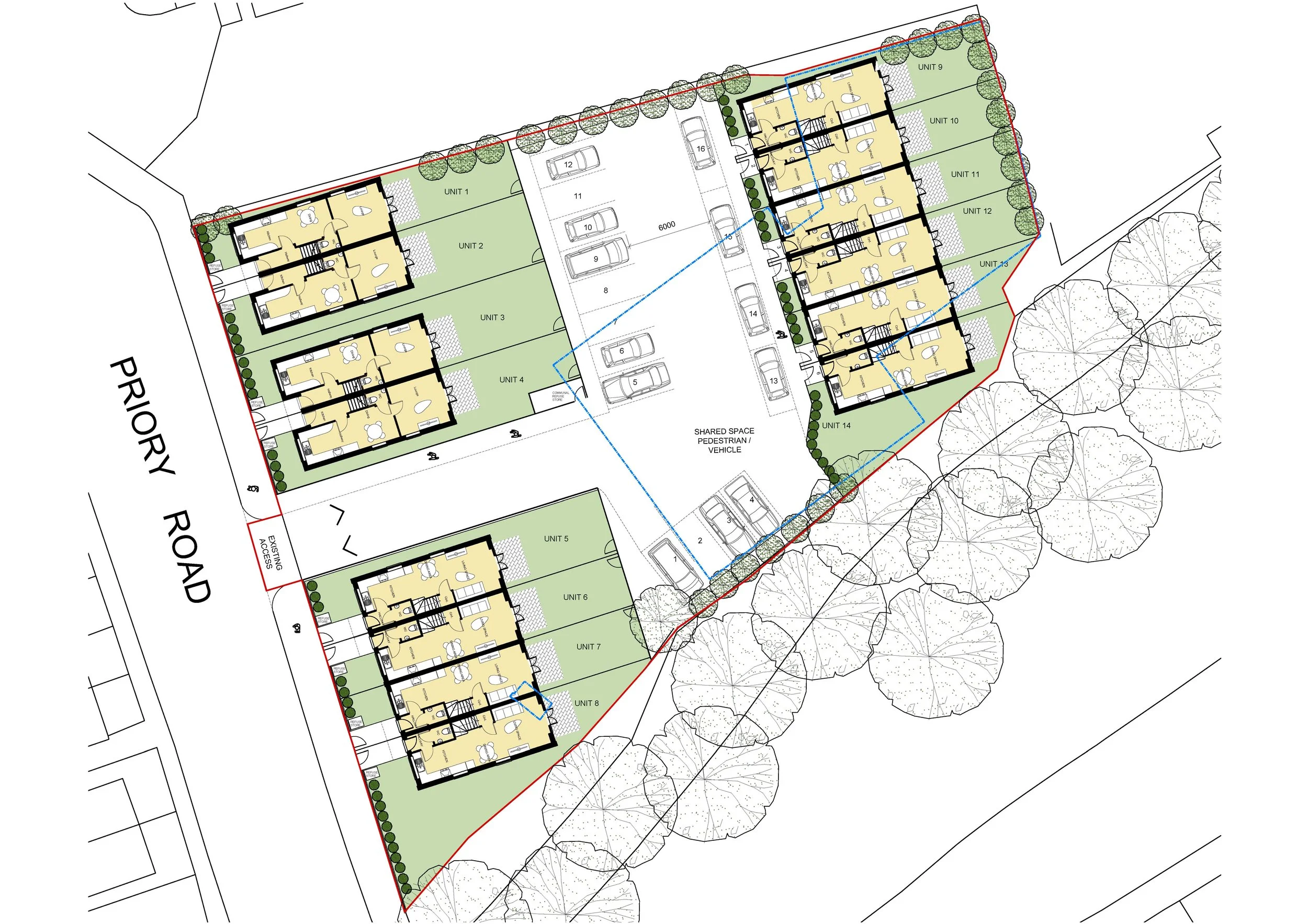 Site Layout showing 14 new dwellings in Tonbridge, all with generous gardens and parking.