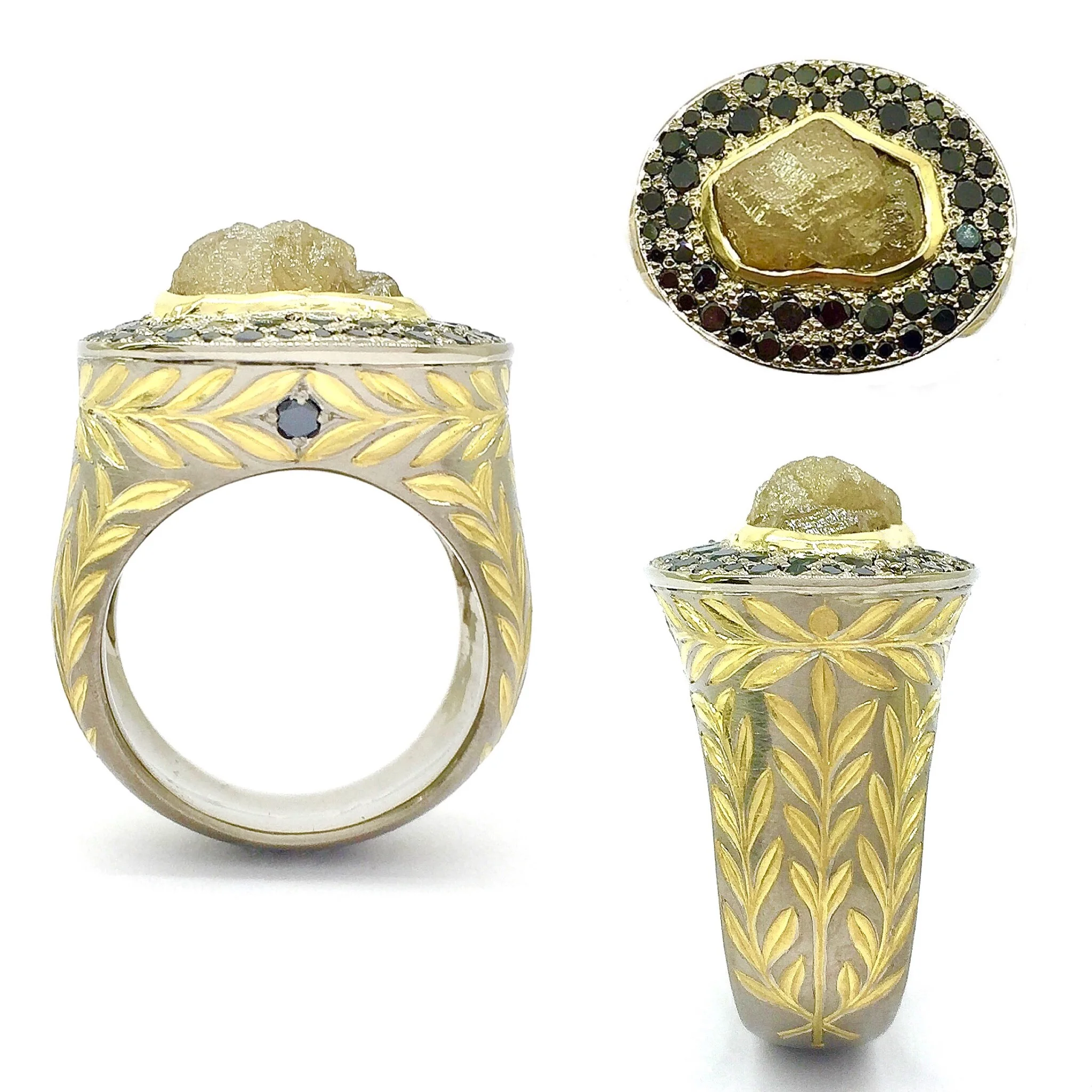 GOLD LEAF RING - handcrafted and engraved in white and yellow gold with black pavé set diamonds