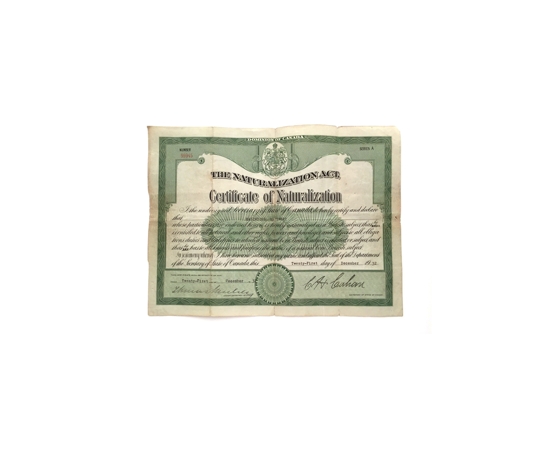 Front of Certificate of Naturalization Issued in 1932 to Kazimierz Macinski