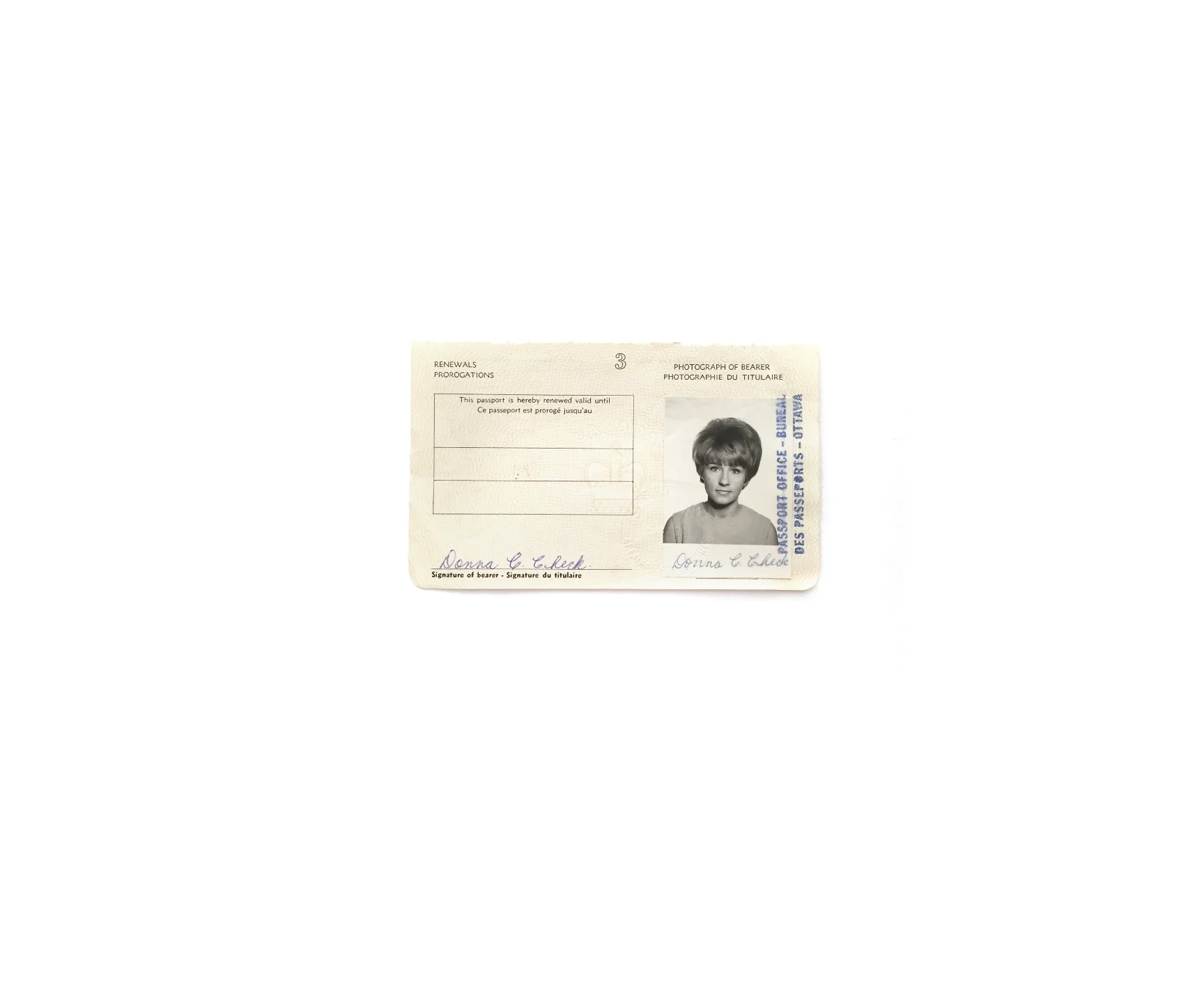 Passport renewal application, my mother, Donna Machinski mid-1960s