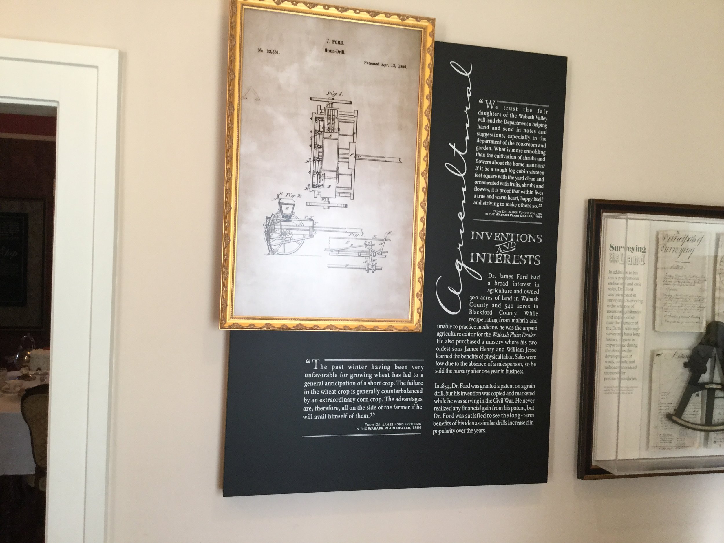 This placard in the Dr. James Ford Historic Home shows Dr. Ford’s patent for his grain drill invention.