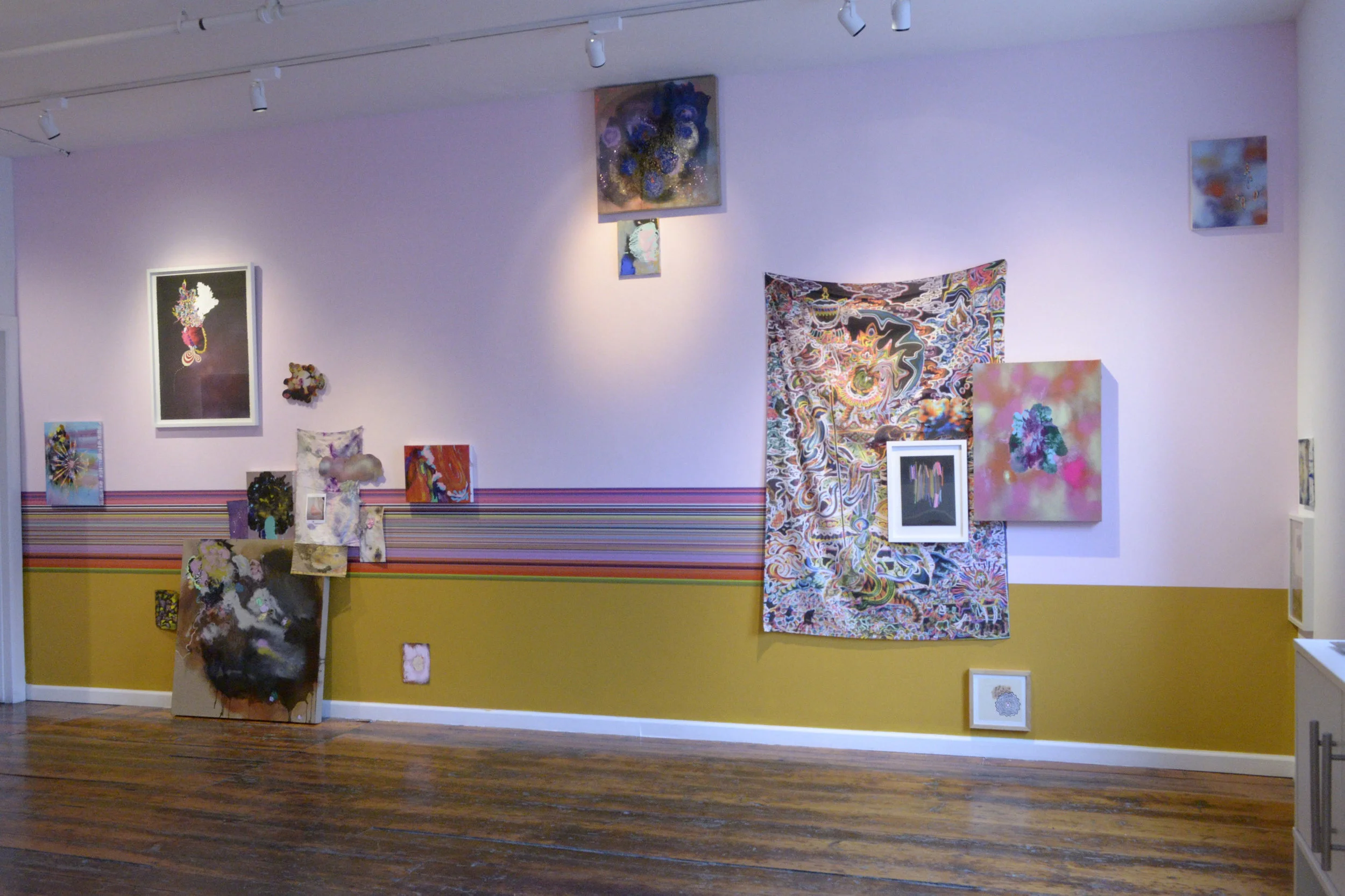 Installation View at Pentimenti Gallery, Philadelphia, PA, 2015, clusters containing works on paper, collage, paintings on paper and canvas, collage, digital fabric, digital wall decal, digital prints on shaped mdf board
