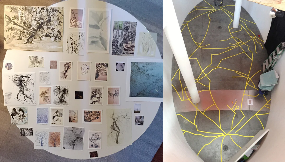 Selected drawings and photogenic drawings arranged on kitchen table (L), 2008-15, 60 inches in diameter, gaffers tape drawing on the floor of SubMERGE gallery, 2013, 15 x 30 feet