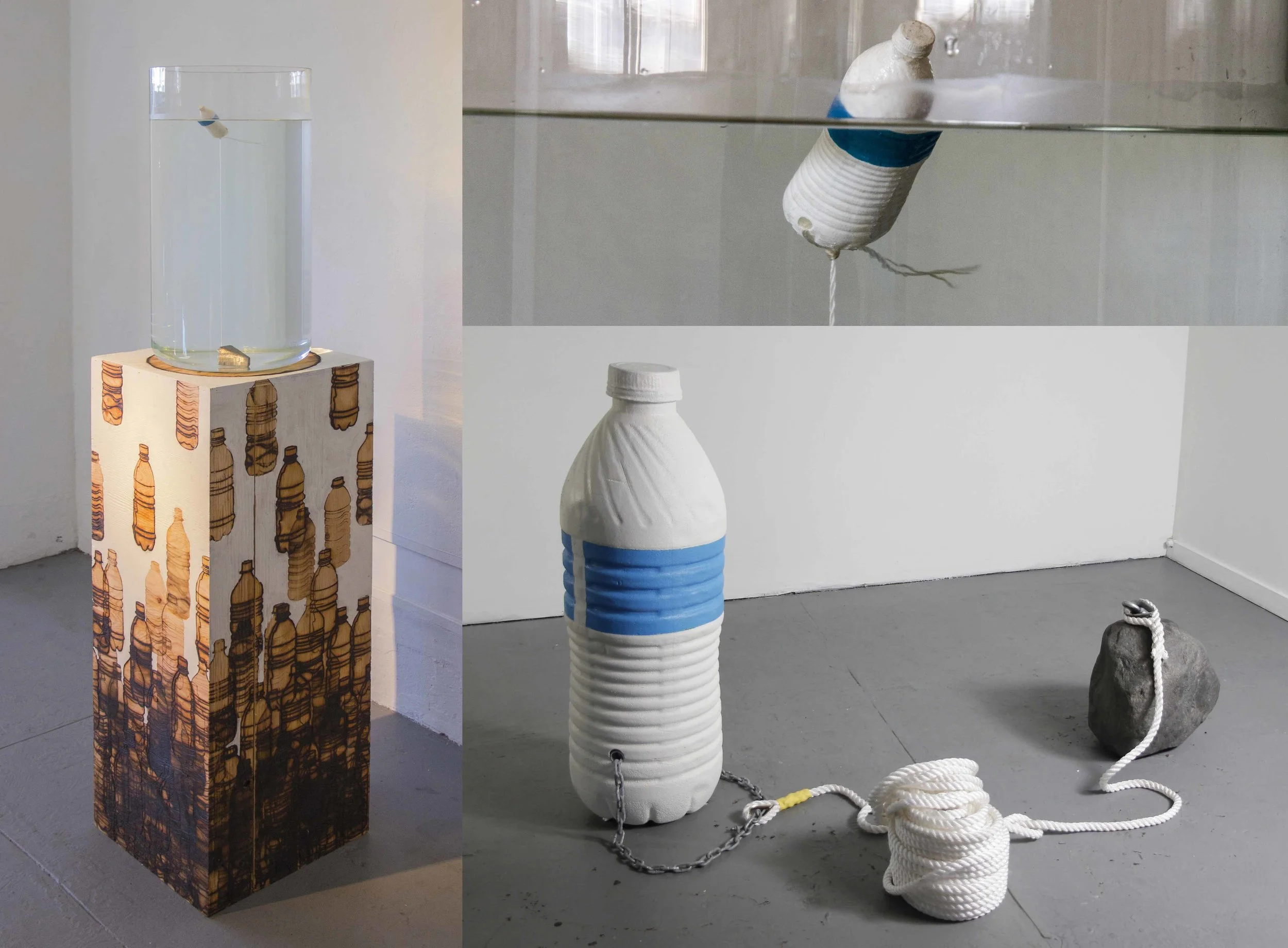 Water Bottle Buoy , 2017, demonstration tank, branded and painted wood, glass, water, plastic, string, fishing weight, 18 x 18 x 64 inches Water Bottle Buoy (detail), 2017 Self Portrait as Water Bottle Buoy , 2017, styrofoam, rope, chain, stone, water bottle is 47 inches tall