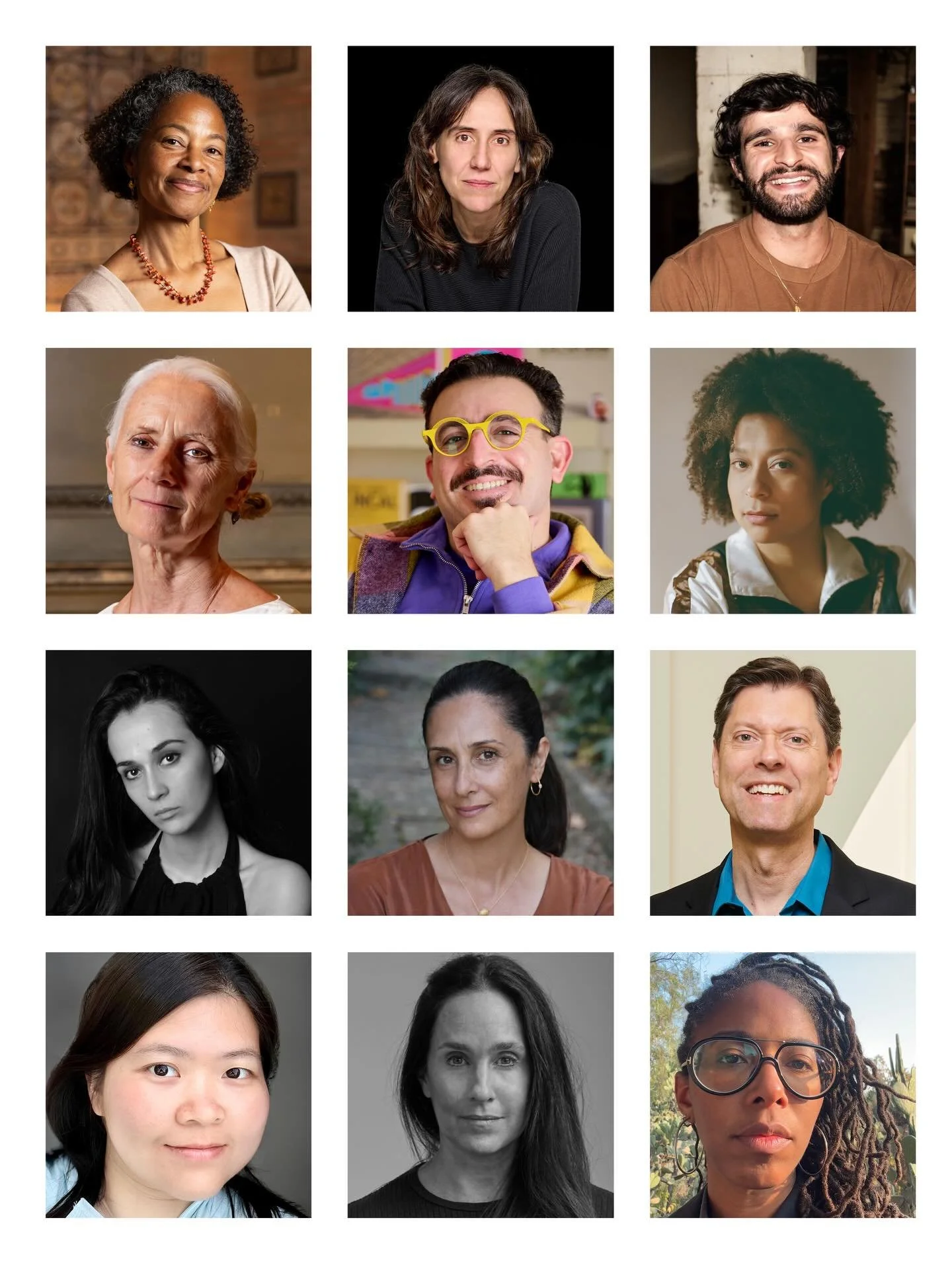 Grid of twelve professional headshots arranged in four rows and three columns. The portraits, in color and black and white, feature a diverse group of adults of different ages, genders, and ethnic backgrounds.