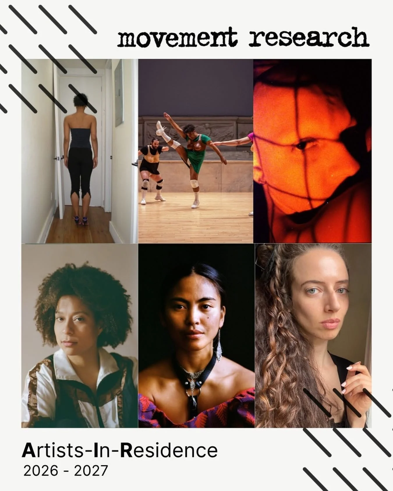 Promo poster for the MR AIR Program featuring a six-image grid of portrait and performance photos framed by white with black diagonal line accents in opposite corners. Text in black reads, "movement research", "Artists-In-Residence", "2026–2027".