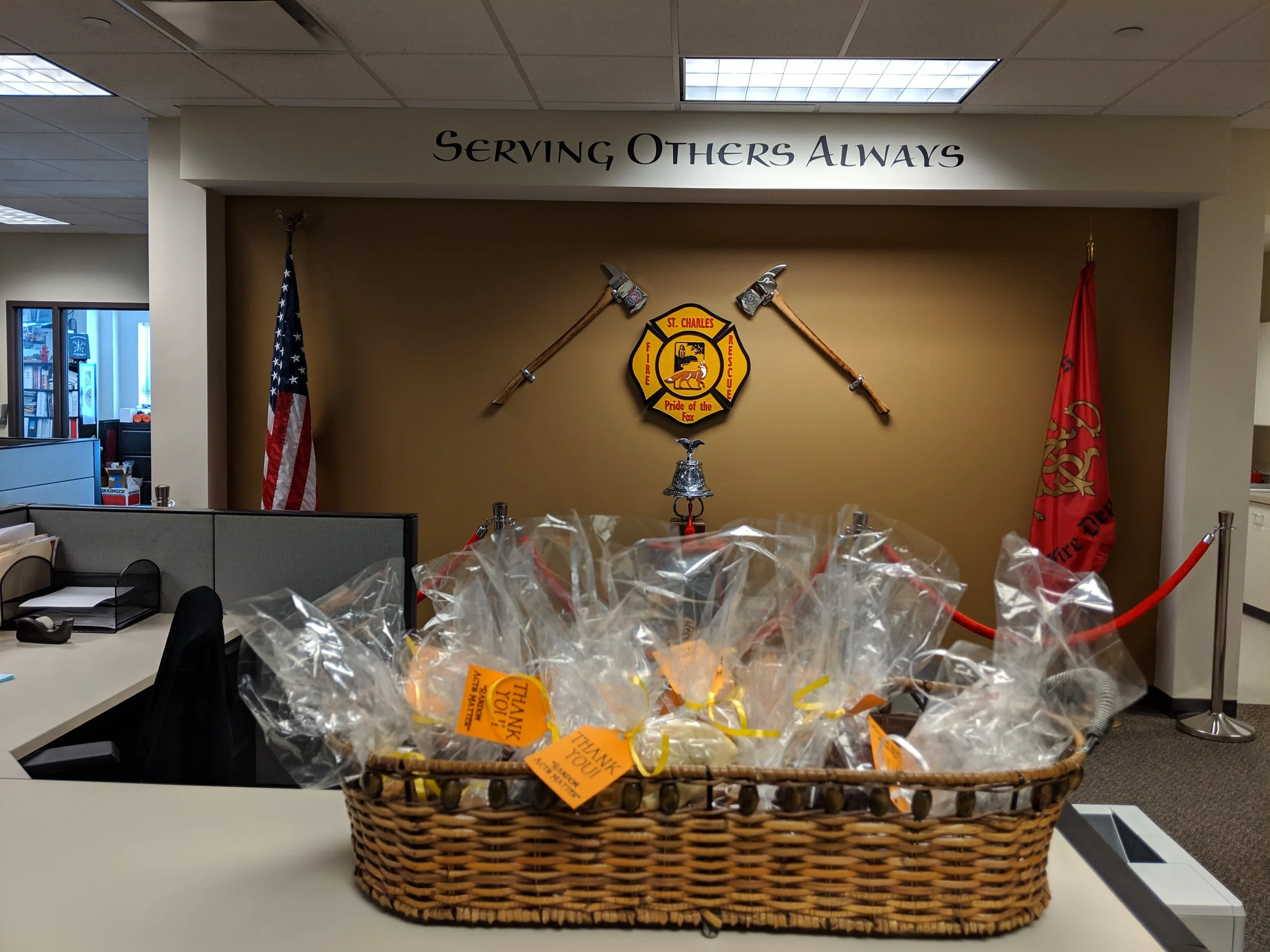 Honoring “people who serve” our community today with homemade treats. One team shared yummy morsels at all 3 firehouses, the police station, Pottawatomie including preschool and Senior Center staffs and Hickory Knolls staff!! Thanks to all the bakers who worked to add a little love and kindness with the sugar and flour!!