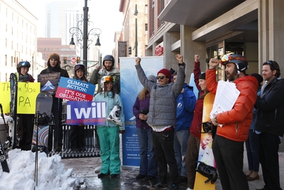 Professional skier, Julian Carr, addressing supporters.